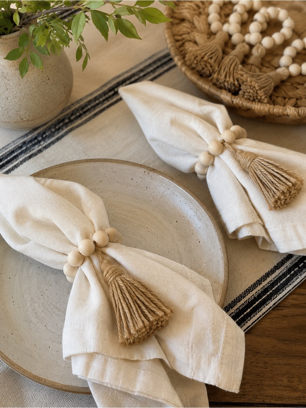 Natural Wood Bead Napkin Rings Jute Tassels Boho Farmhouse Set of 13